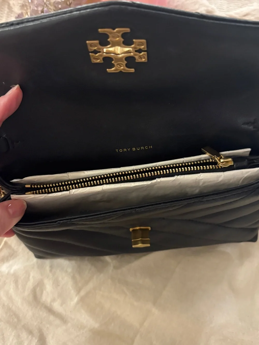 Tory Burch Kira Quilted Black Leather Crossbody Bag with Gold Logo Accent